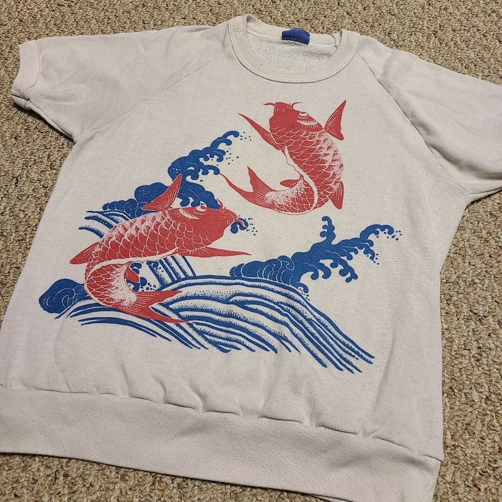 Vintage White Sweatshirt with Red and Blue Koi Design